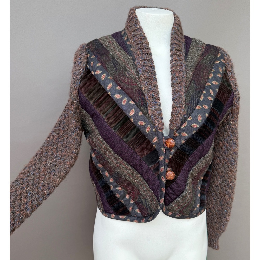 Canvasbacks Patchwork Jacket M Purple Mixed Media Knit Velvet Cropped Blazer